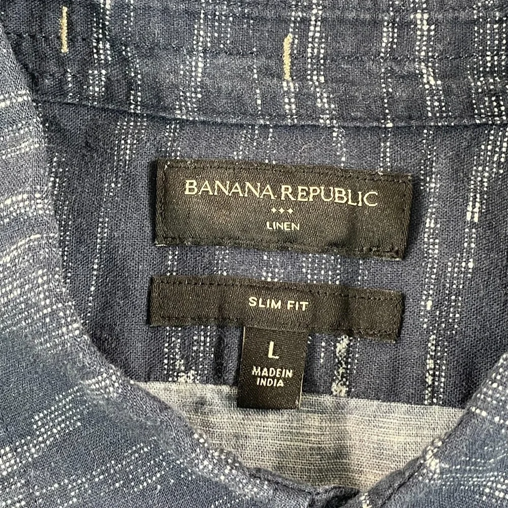 Banana Republic Slim‎ Fit Shirt Men Large Blue Striped Linen Blend Short Sleeve